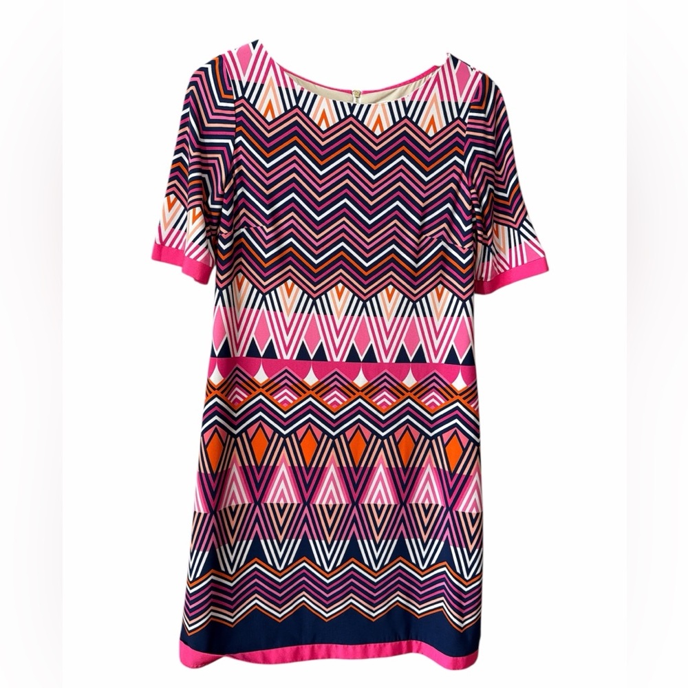 Eliza J Geometric Print Shift Dress Size 10 Pink Navy Orange Zip Back Lined